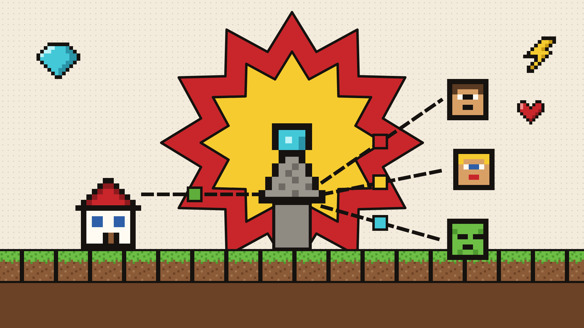 VoxelPort artwork: a pixel-art relay tower connecting a house to three Minecraft players